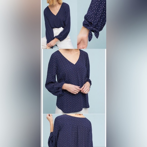 Navy long sleeve blouse, V-neck sz M - Picture 2 of 6